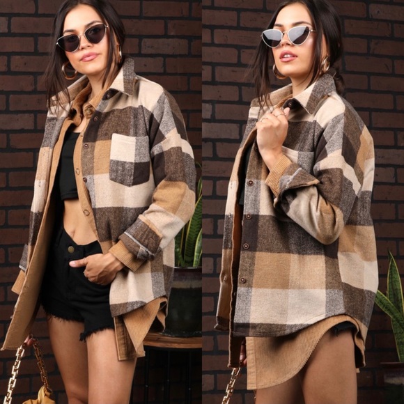 🆕Brown and taupe plaid button down shacket - Picture 1 of 5